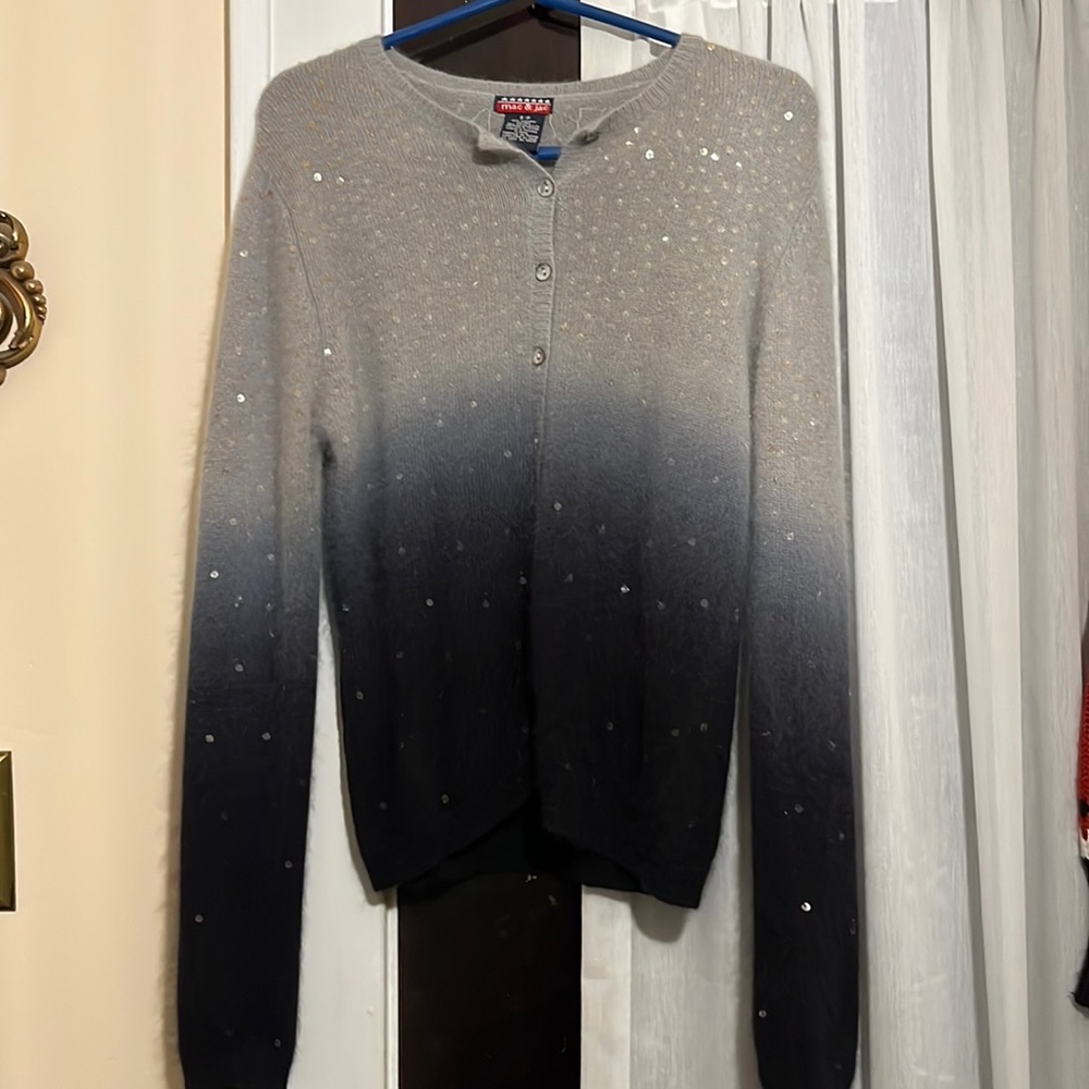 Pretty Mac and Jac Sequined Cardigan. 40% Angora and 40% Nylon knitting. S/P